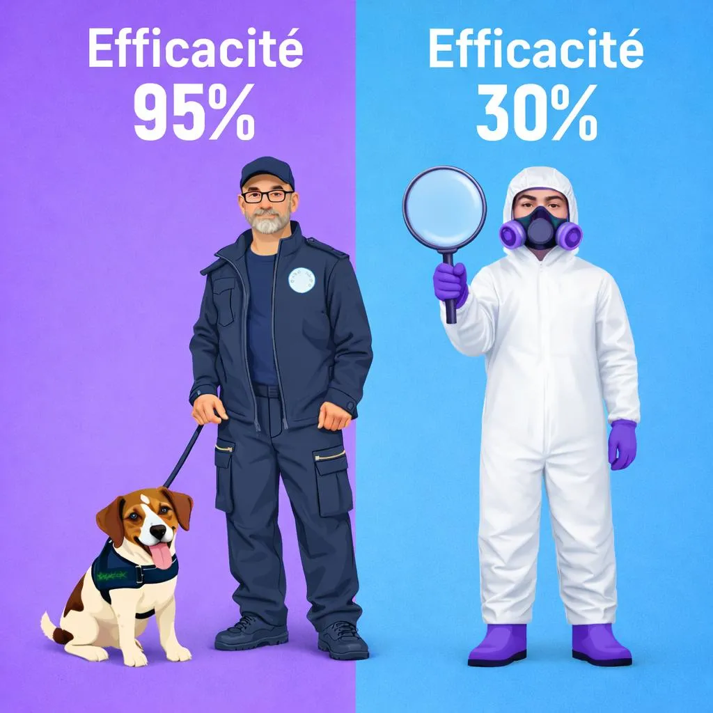 Comparaison efficacité détection canine punaises de lit 95 pourcent contre inspection humaine 30 pourcent