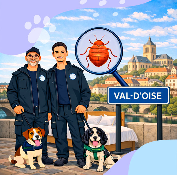 Détection canine de punaises de lit dans le Val-d'Oise avec maîtres-chiens et chiens détecteurs