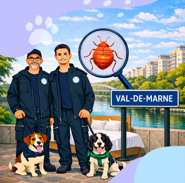 Détection canine de punaises de lit dans le Val-de-Marne avec maîtres-chiens et chiens détecteurs