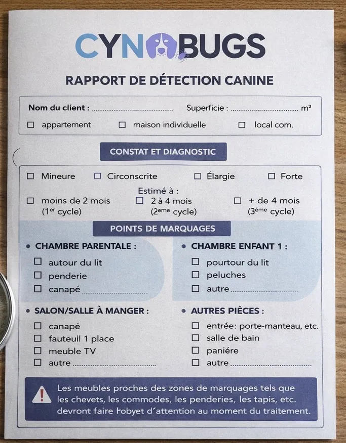 Exemple de rapport de détection canine punaises de lit Paris remis après intervention
